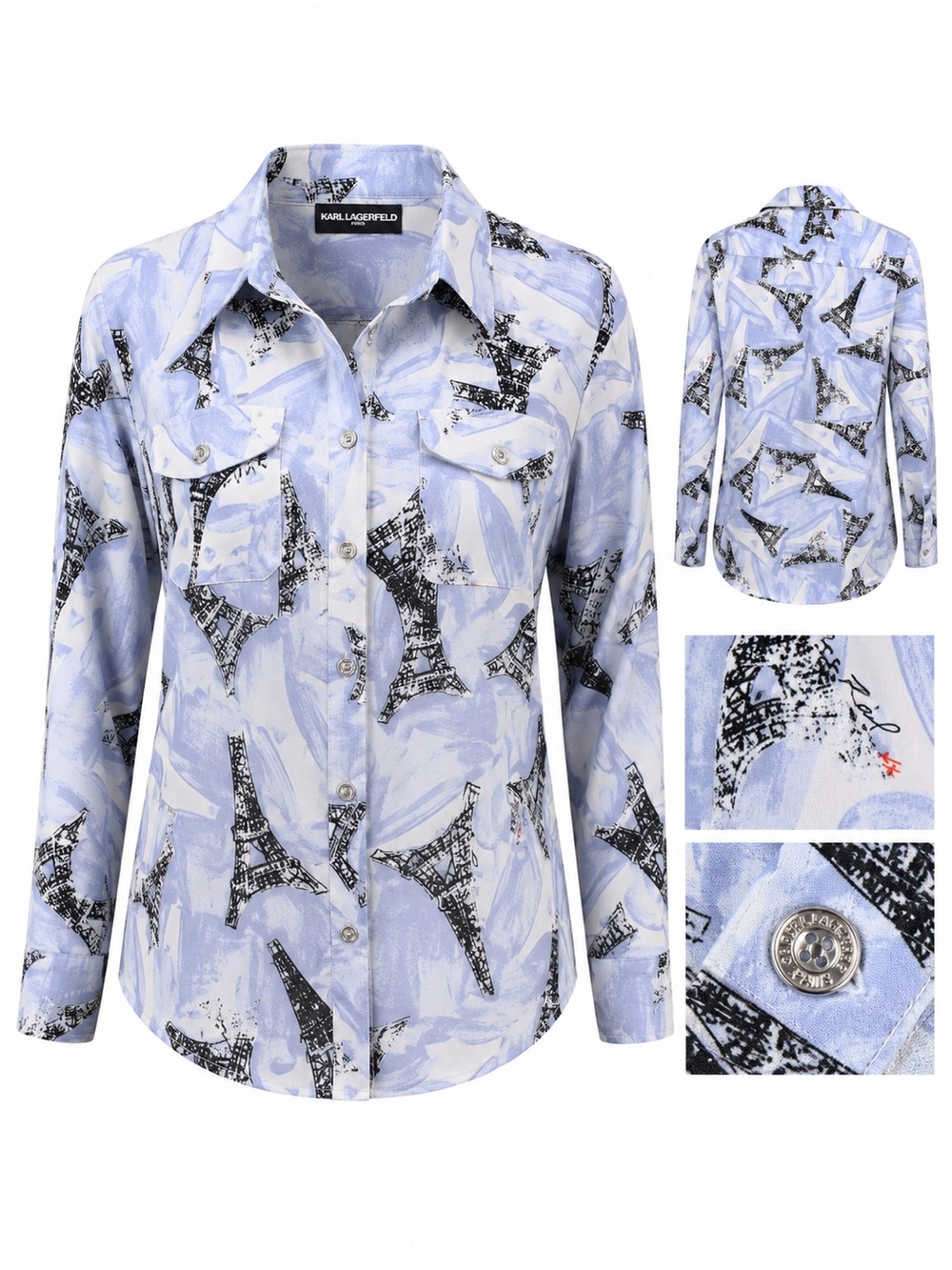 Karl Lagerfeld Paris Eiffel Tower Print Button Front Blouse Large Blue Parisian